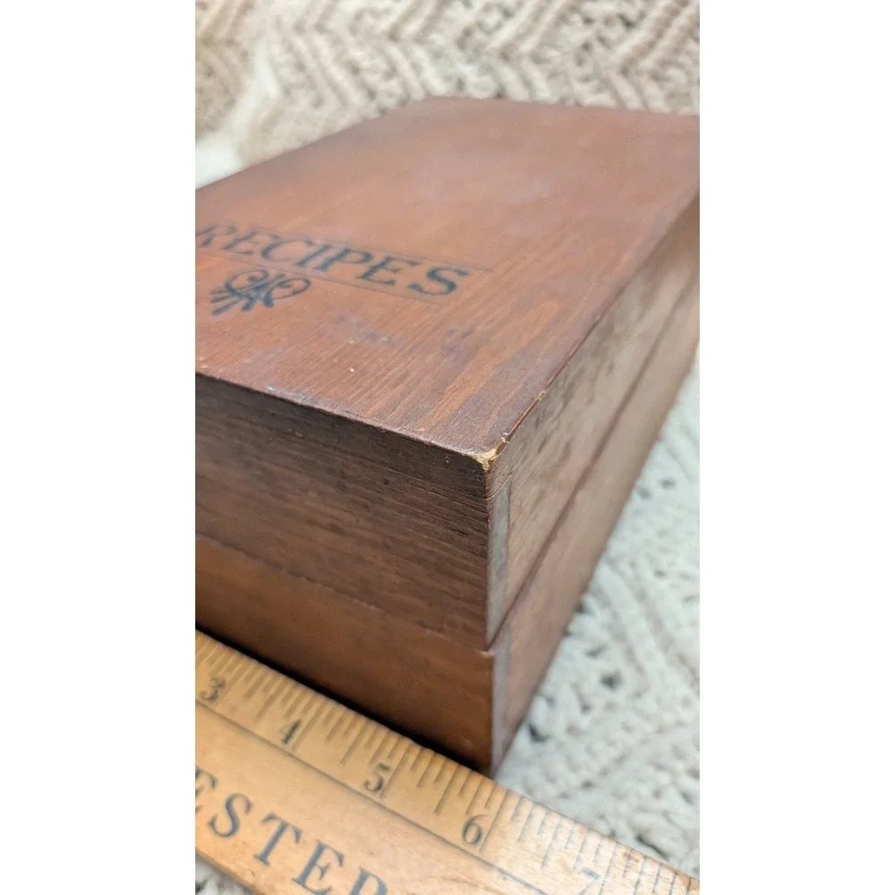 Vintage Wood Recipe Box Hinged Lid 3 Compartment Dark Brown Farmhouse Kitchen